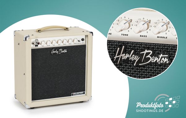 Produktfotografie des Harley Benton Tube 15 Celestion 2 E-Gitarren Verstärkers freigestellt auf weißem Hintergrund mit natürlichem Schatten