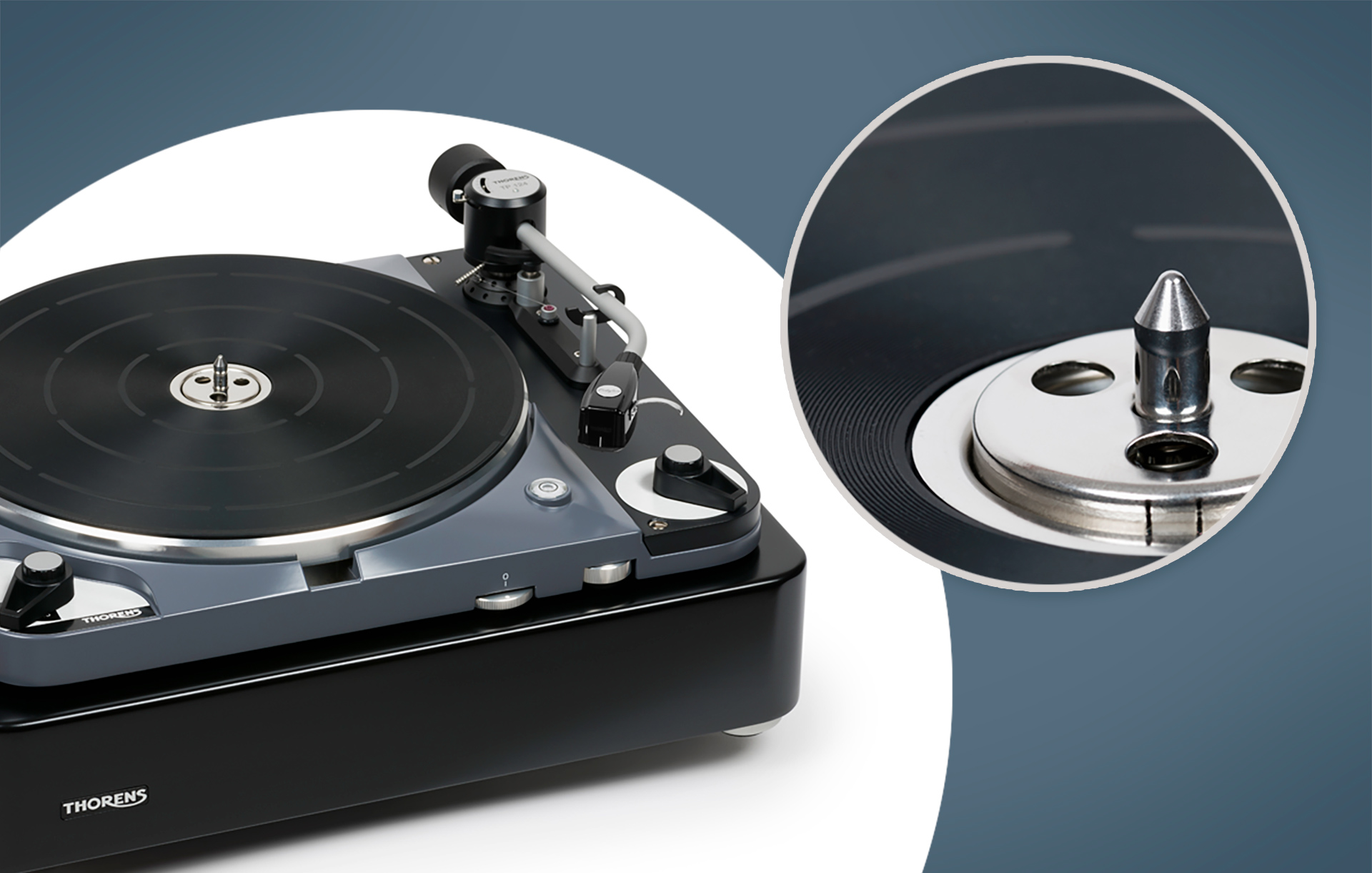 Produktfotografie des TD 124 DD Schallplattenspieler von Thorens freigestellt auf weißem Hintergrund mit natürlichem Schatten