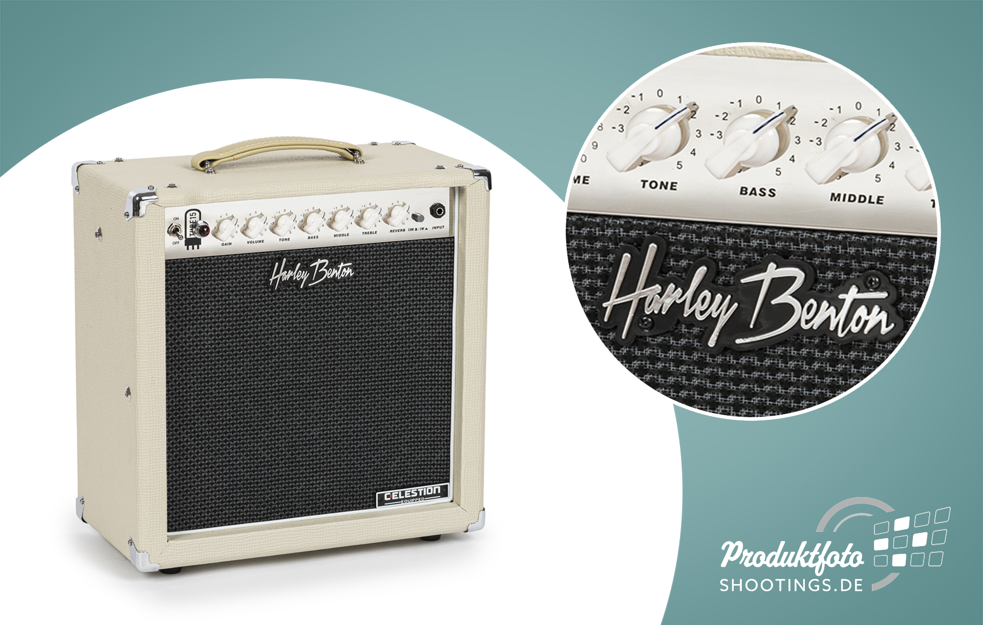 Produktfotografie des Harley Benton Tube 15 Celestion 2 E-Gitarren Verstärkers freigestellt auf weißem Hintergrund mit natürlichem Schatten