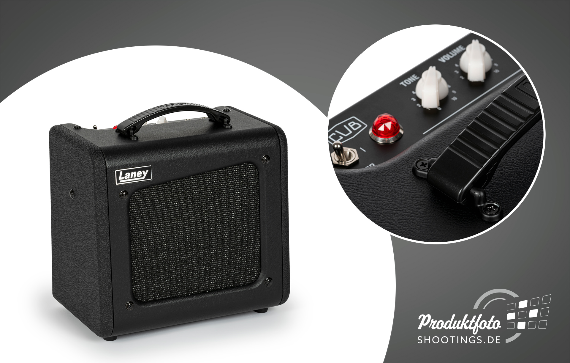 Produktfotografie des Laney Cub Super 8 E-Gitarren Verstärkers freigestellt auf weißem Hintergrund mit natürlichem Schatten