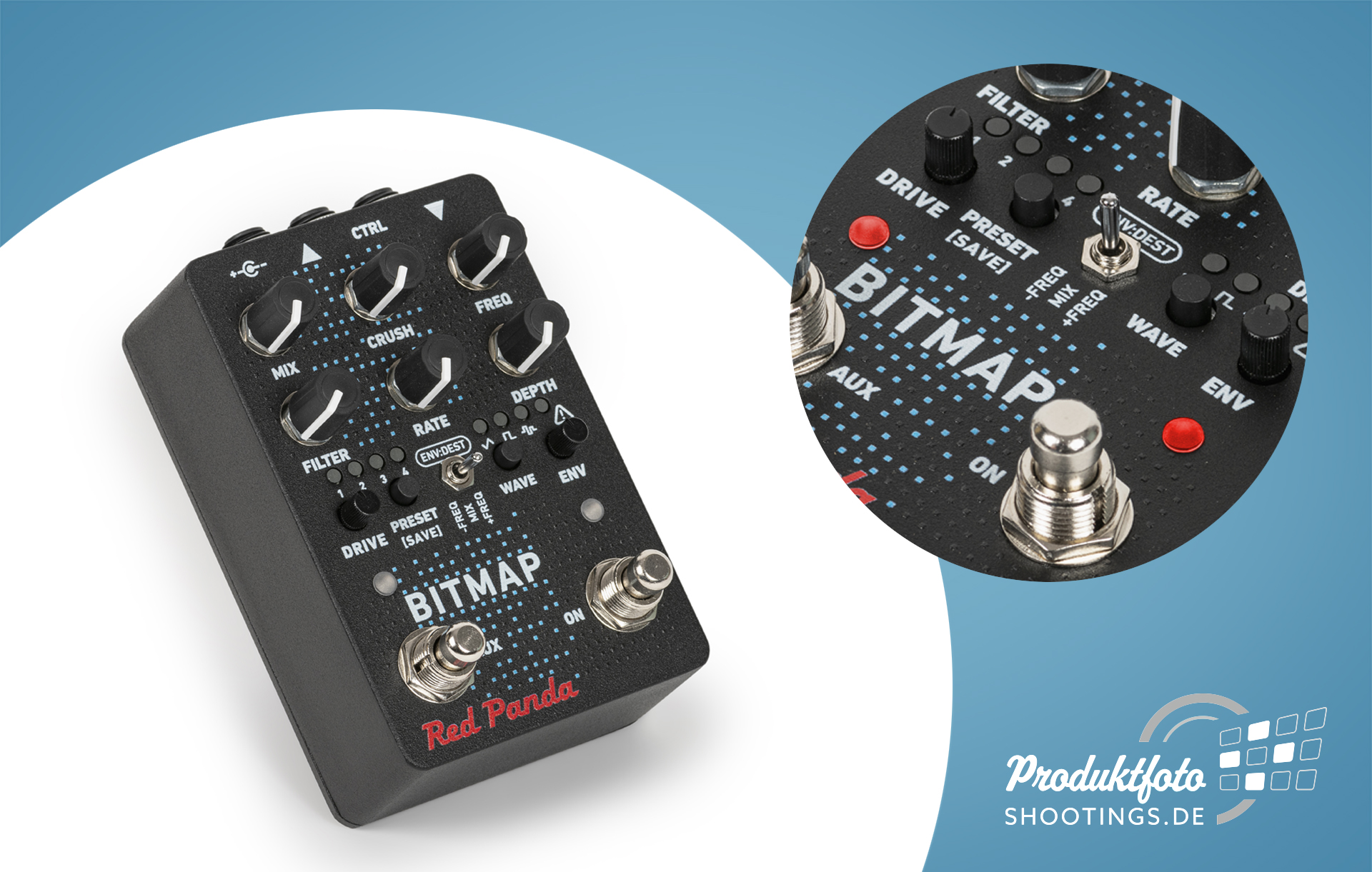 Professionelle Produktfotografie eines red panda bitmap v2 effekt pedals für E-gitarren